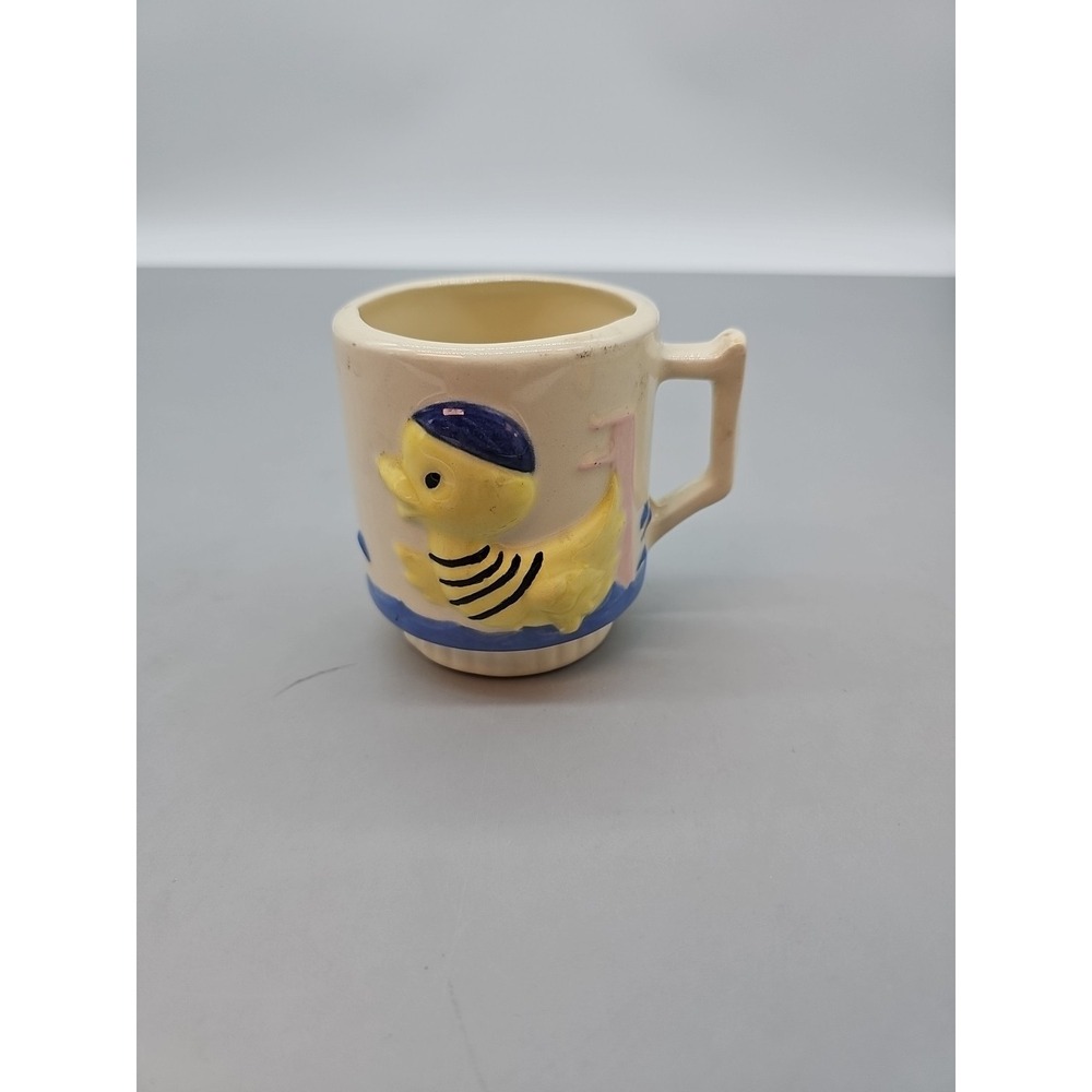 Vtg Yellow Duck Floating On Water Mug Cup Ceramic Embossed 3.25" Tall Handmade